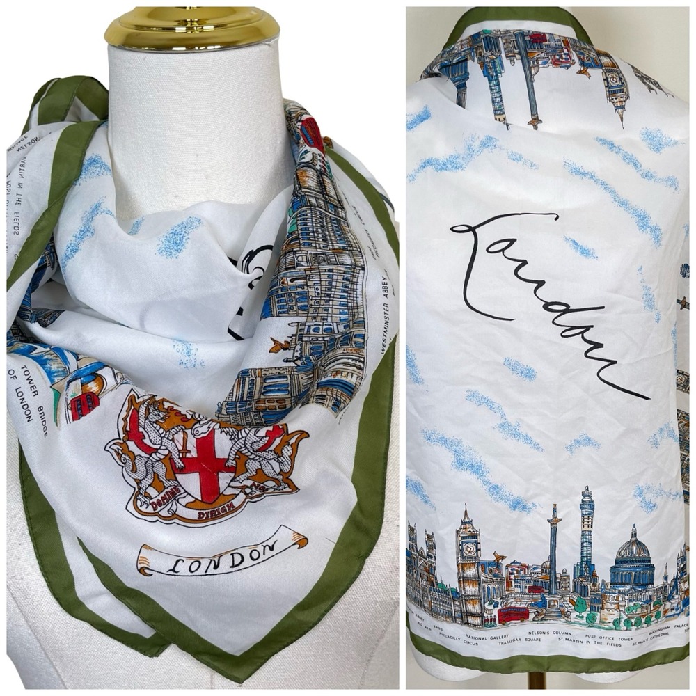 Vintage London Skyline Souvenir Scarf White Green Cityscape Landmarks Retro Mod